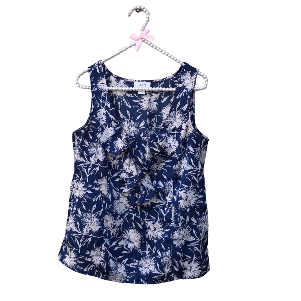 Ann Taylor Loft Blue Dandelion Ruffle Front Blouse size Medium Petite